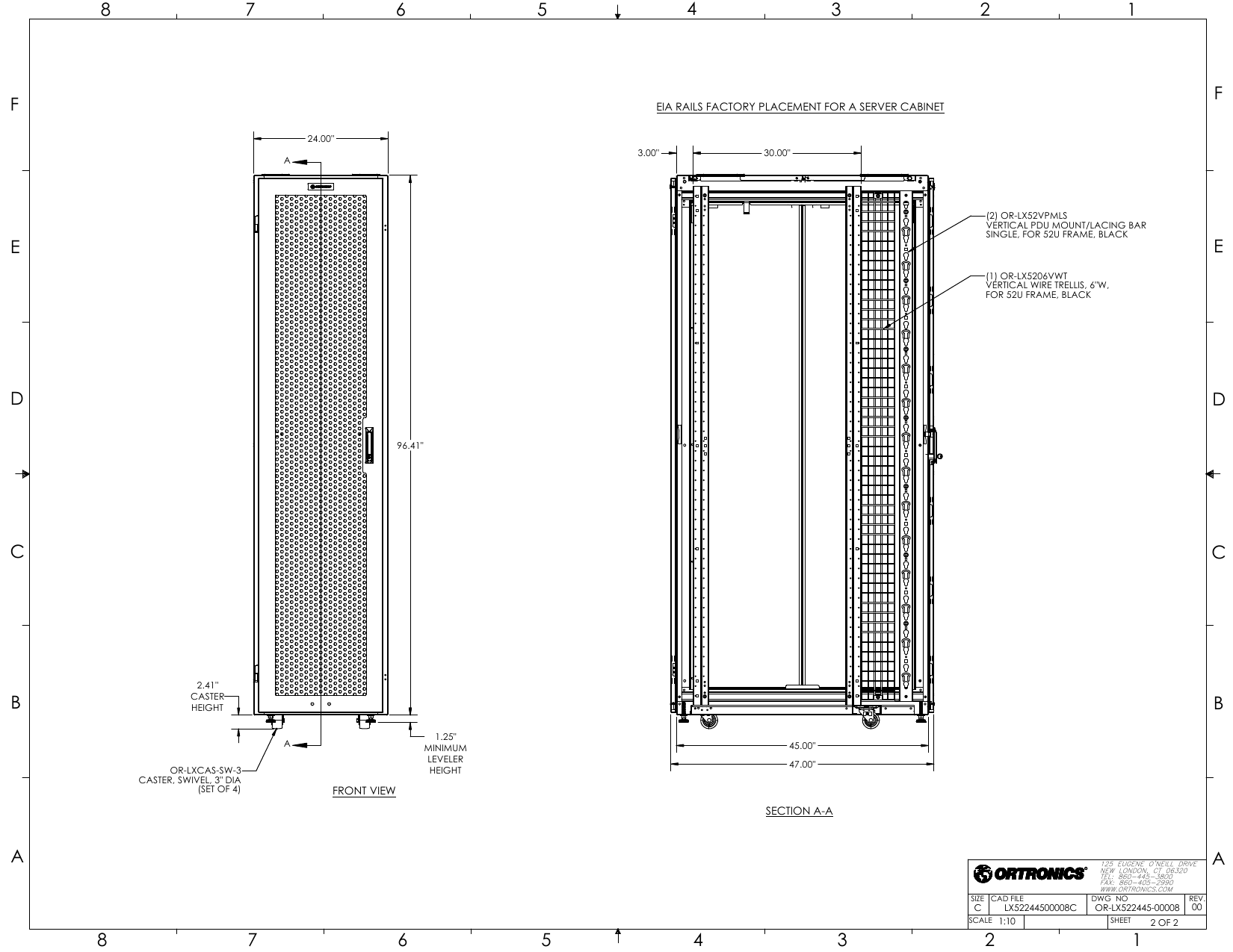 Legrand LX52244500008C technical drawing showing front view dimensions and EIA rail placement